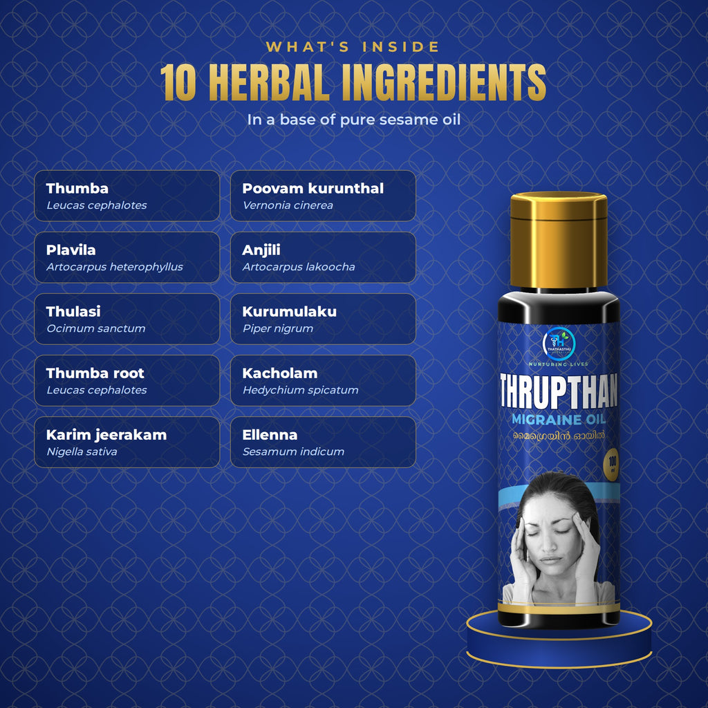 Thrupthan herbal ingredients including Thumba, Tulsi, Kacholam, Karimjeerakam and sesame oil