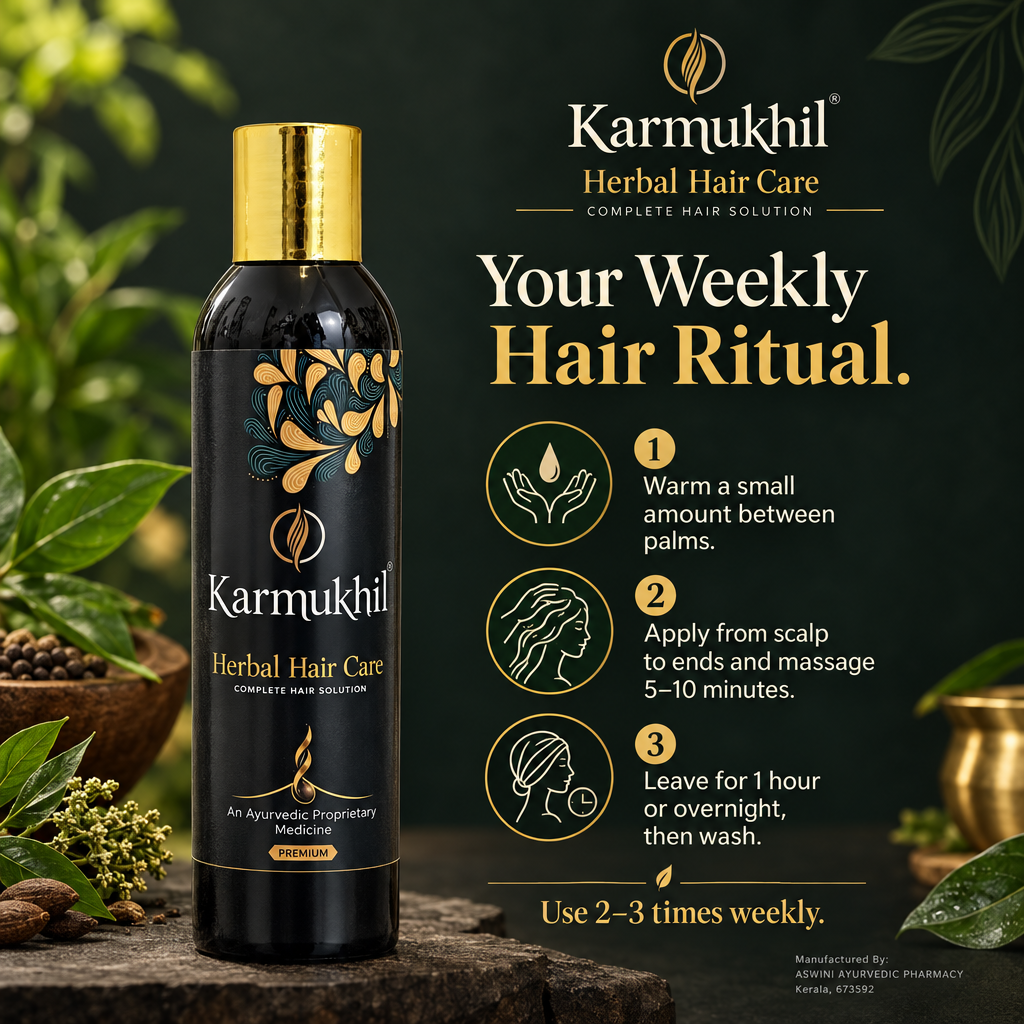 Three-step weekly application routine for Karmukhil Herbal Hair Care