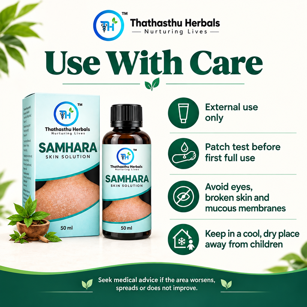 External-use, patch-test, avoidance and storage guidance for Samhara Skin Solution